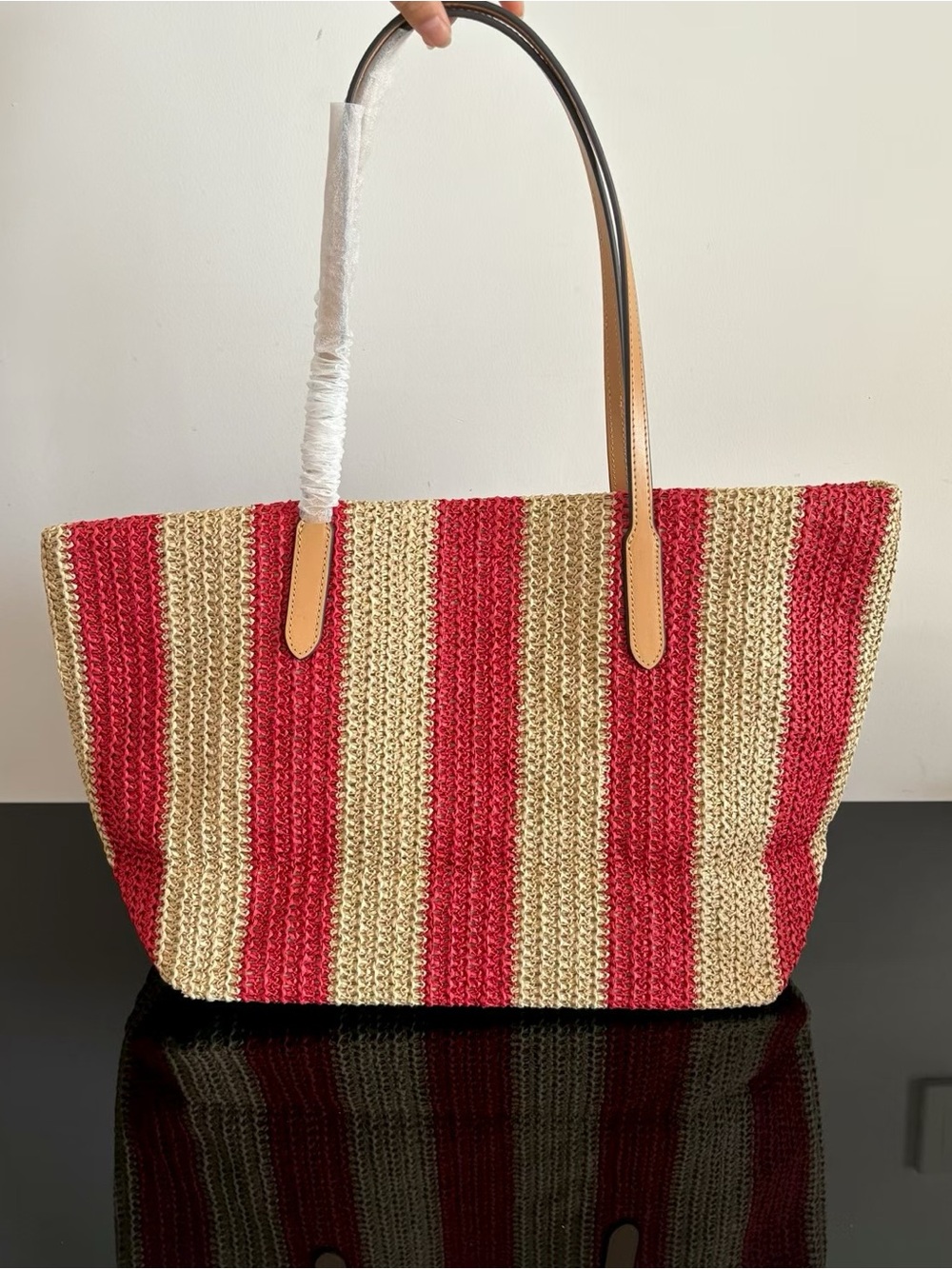 Coach Red and Natural Striped Straw Tote with Leather Handles - Picture 3 of 8